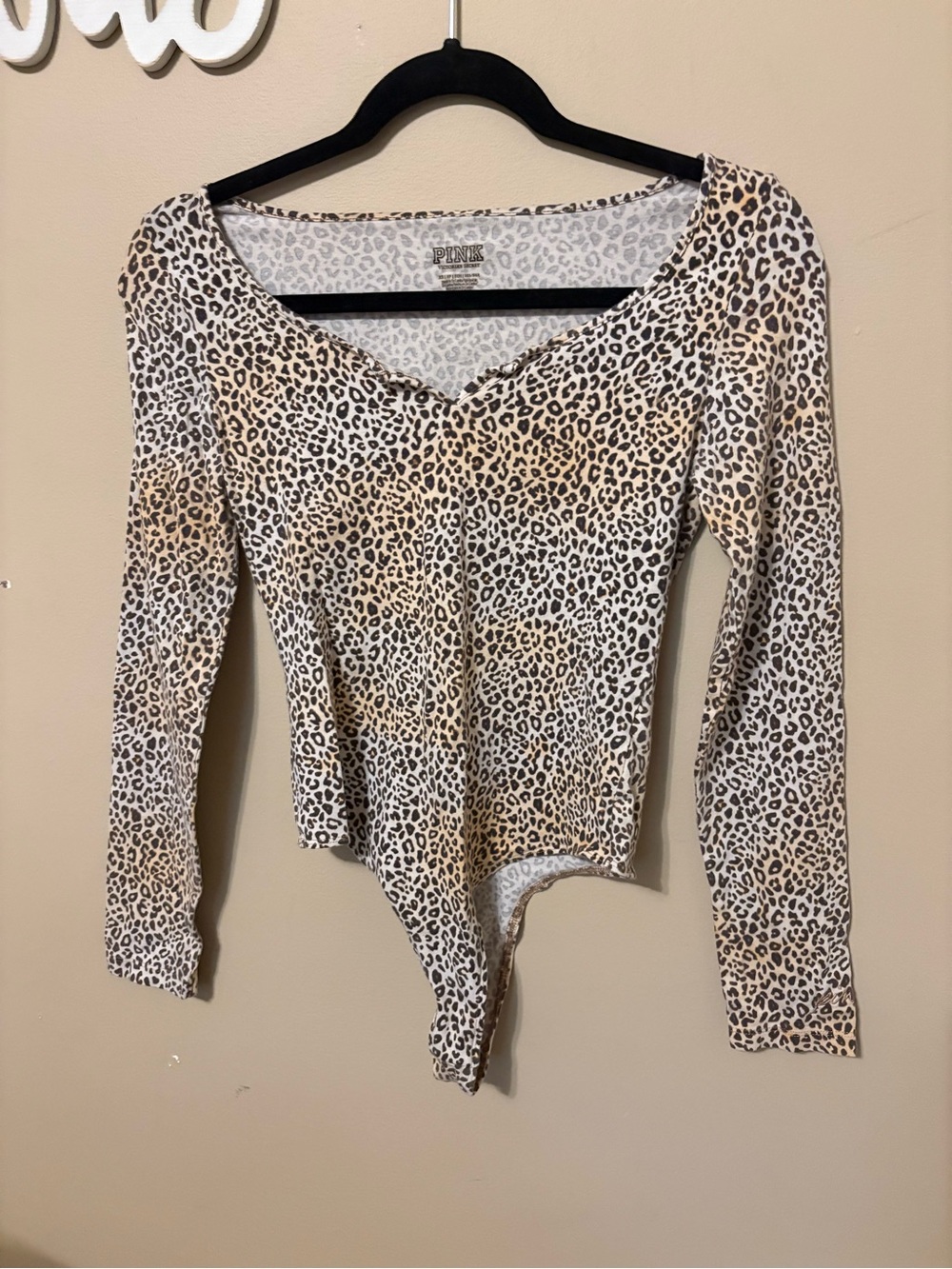 PINK Victoria's Secret Beige and Black Leopard-Print Long-Sleeve Bodysuit